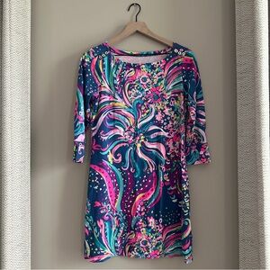 Lilly Pulitzer 3/4 Sleeve Shift Dress Medium Multicolor Gold Button